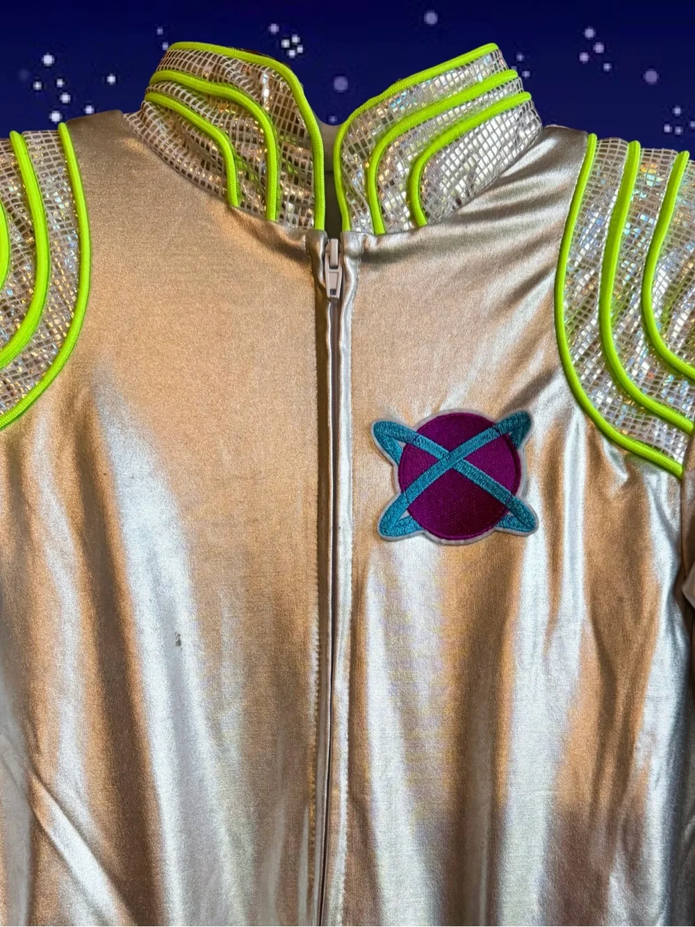 Retired Spirit Silver and Neon Green Kids Galaxy Jumpsuit Costume Child Size Lg